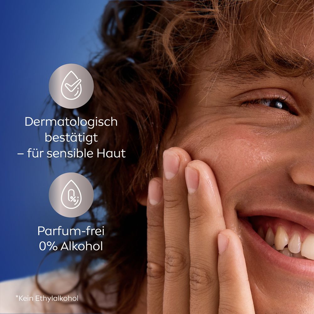 Testé dermatologiquement pour peaux sensibles. Sans parfum, 0% alcool.