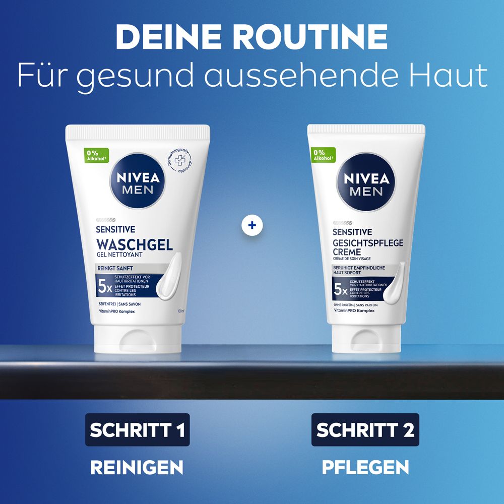 Routine de soin: Gel nettoyant et crème visage NIVEA MEN Sensitive.