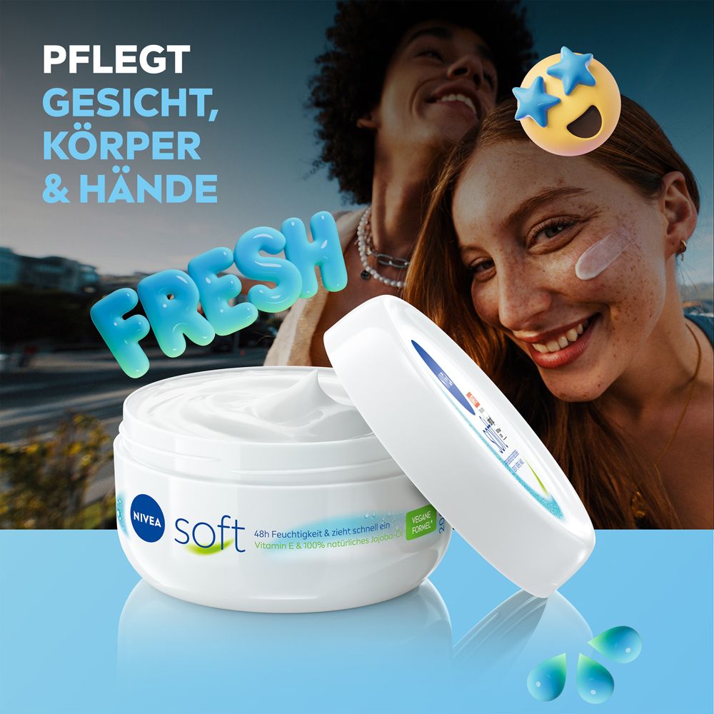 NIVEA Soft Feuchtigkeitscreme Tiegel mit lächelnden Personen im Hintergrund. "FRESH" Schriftzug.