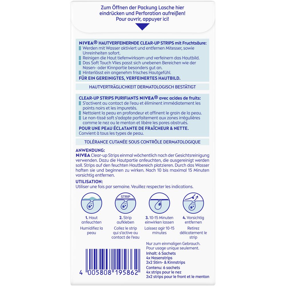 Arrière de la boîte de Bandes Purifiantes NIVEA avec instructions d'application et détails du contenu.