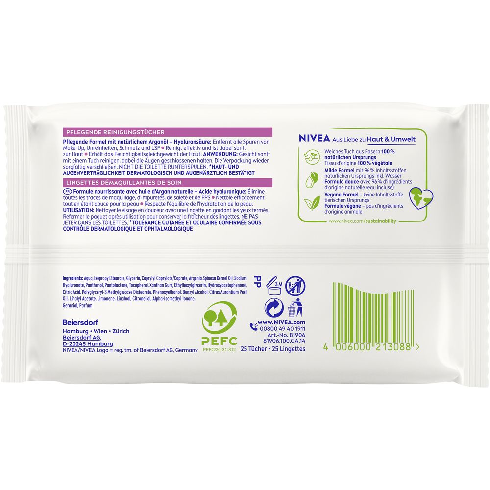 Rückseite der NIVEA 3in1 Pflegenden Reinigungstücher mit Inhaltsstoffen und Umweltinformationen.