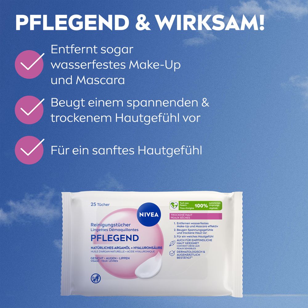 NIVEA 3in1 Pflegende Reinigungstücher: Entfernt Make-up, beugt Trockenheit vor, für sanftes Hautgefühl.