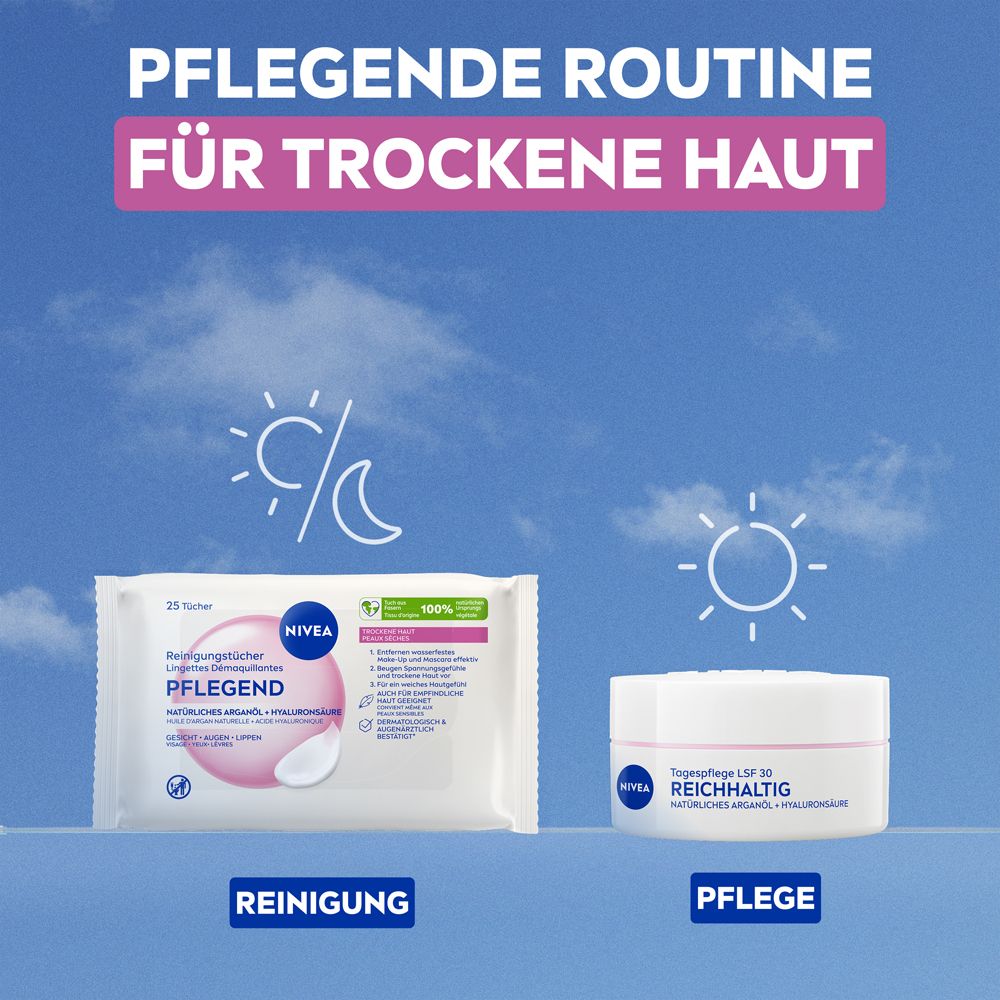 NIVEA Pflegende Routine für trockene Haut: Reinigungstücher und Feuchtigkeitscreme.