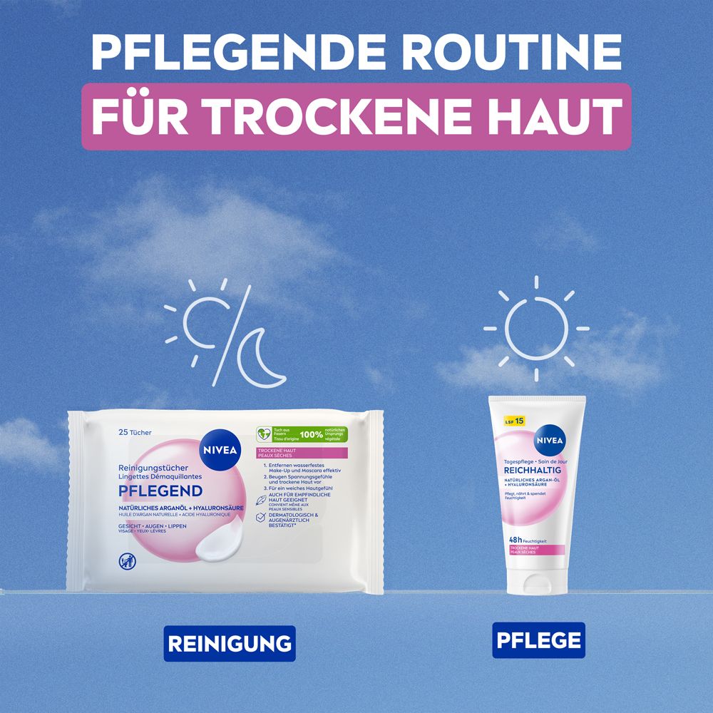 NIVEA Pflegende Routine für trockene Haut: Reinigungstücher und Feuchtigkeitscreme.