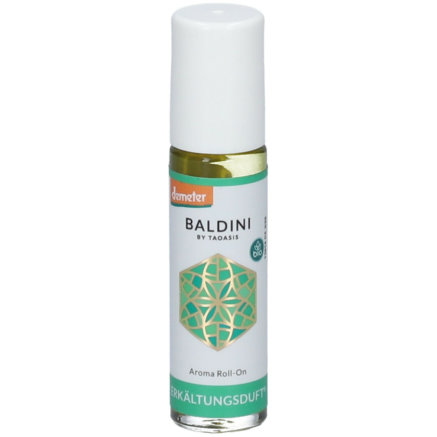 Flacon roll-on avec bouchon blanc. Inscription: BALDINI by TAOASIS, Erkältungsduft. Étiquette verte et dorée avec logo.
