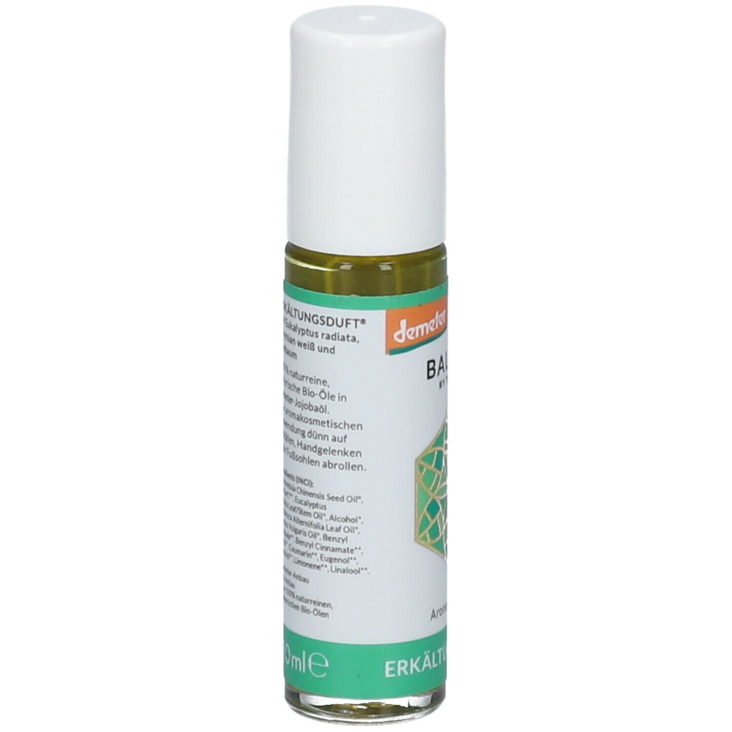 Flacon roll-on avec informations sur les ingrédients. Inscription: BALDINI by TAOASIS, Erkältungsduft. Étiquette avec ingrédients.