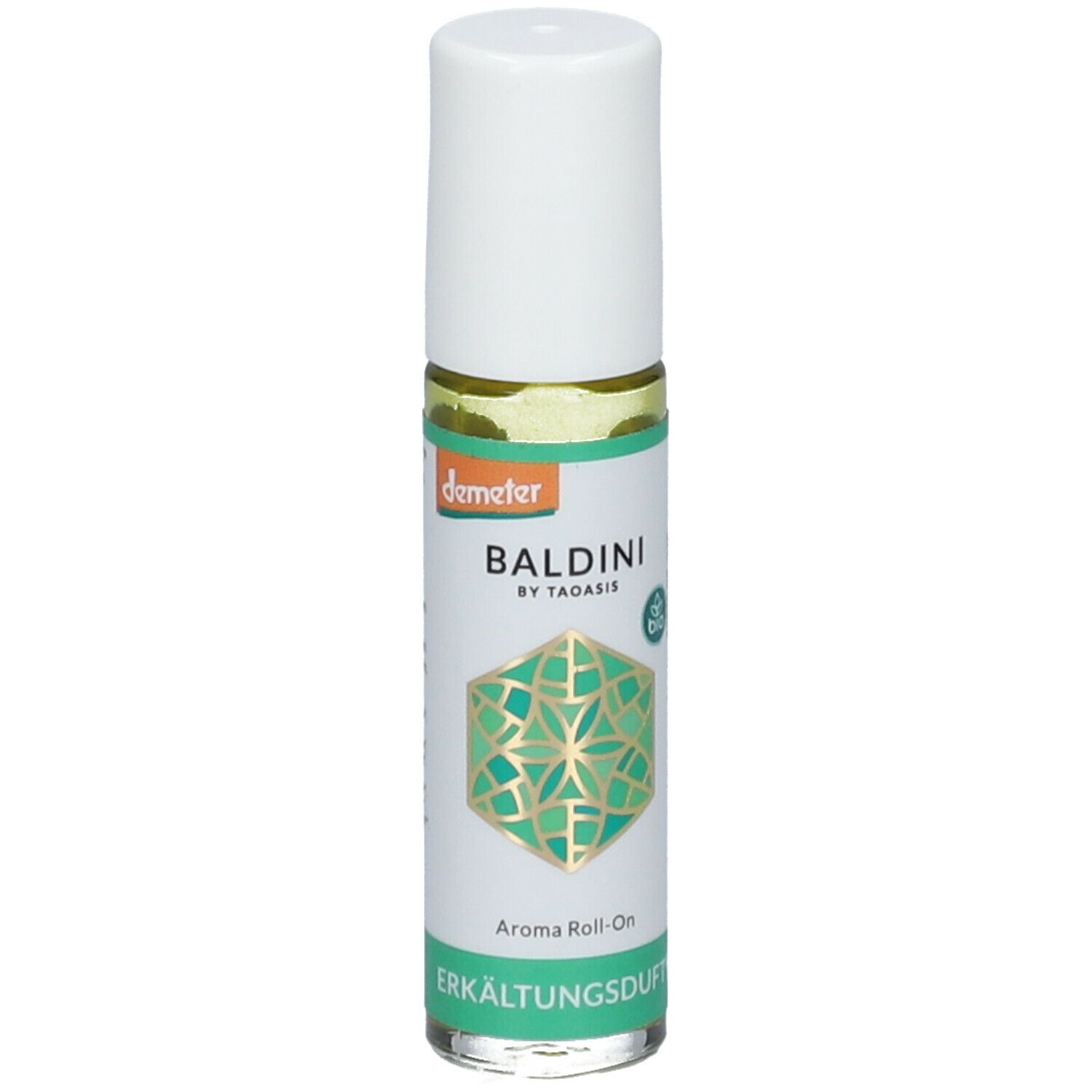Flacon roll-on avec bouchon blanc. Inscription: BALDINI by TAOASIS, Erkältungsduft. Étiquette verte et dorée avec logo.