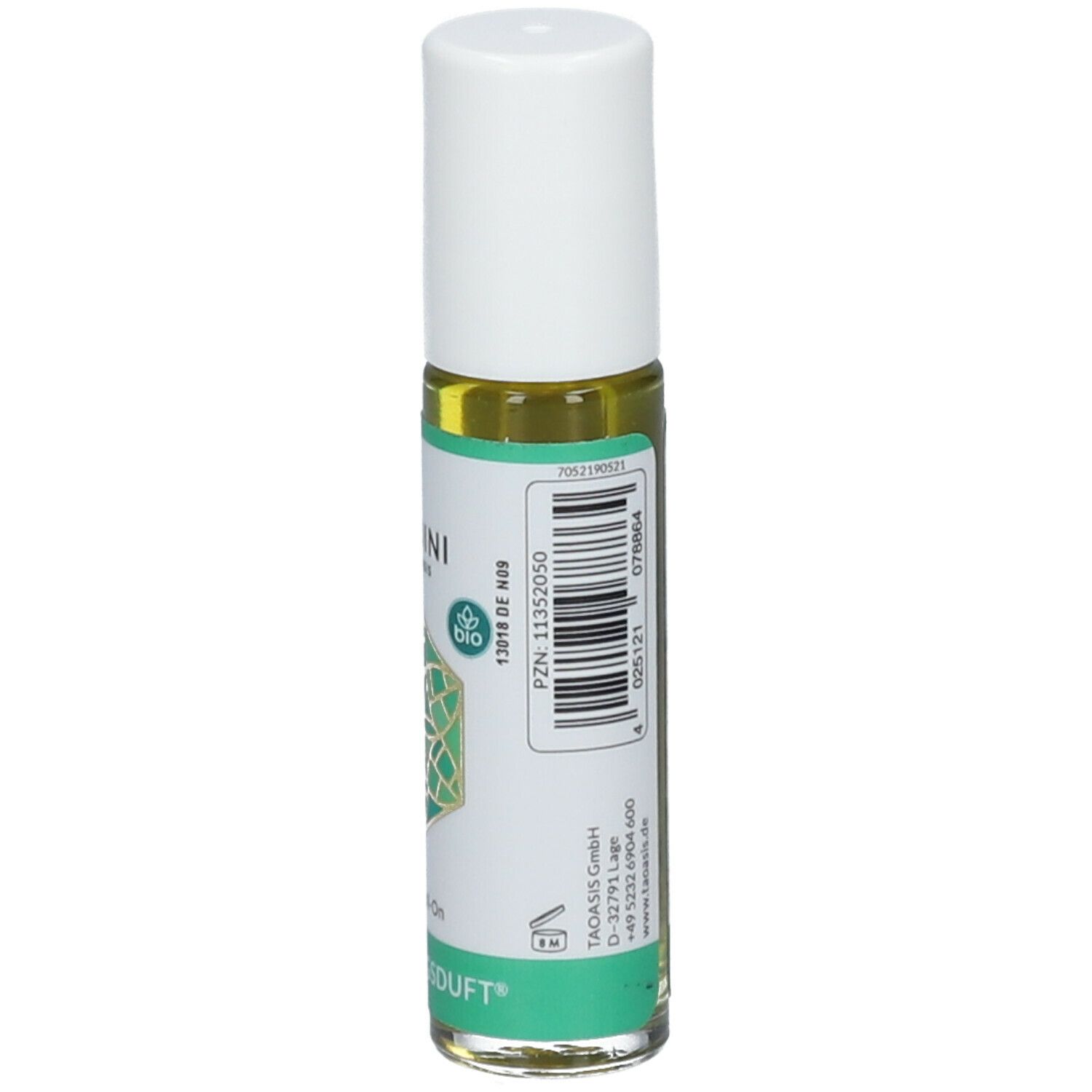 Flacon roll-on avec bouchon blanc. Inscription: BALDINI by TAOASIS, Erkältungsduft. Code-barres et autres informations.