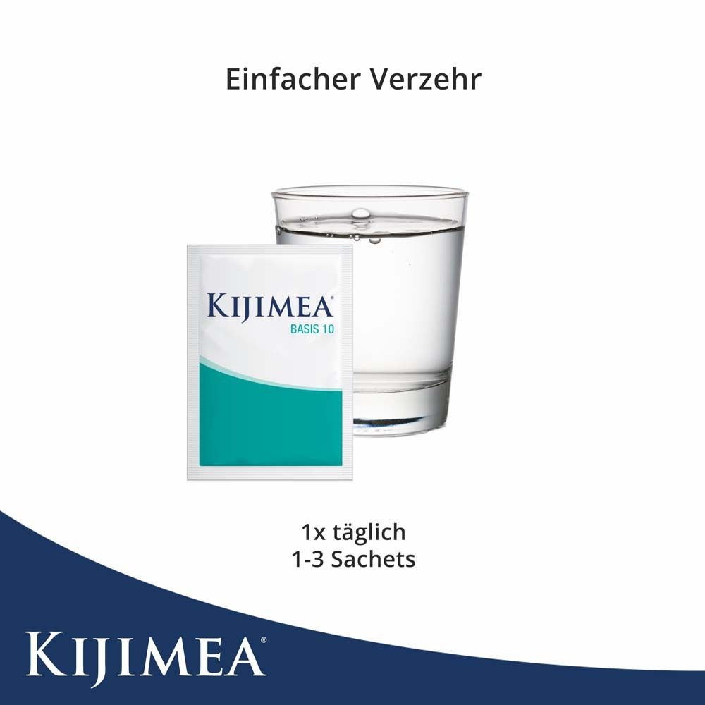 Sachet Kijimea Basis 10 neben Glas Wasser. Text: Einfacher Verzehr. 1x täglich 1-3 Sachets. Kijimea Logo.