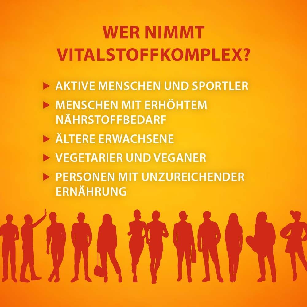 Orangefarbener Hintergrund mit Text. Wer nimmt Vitalstoffkomplex? Auflistung von Zielgruppen. Silhouette von Menschen.