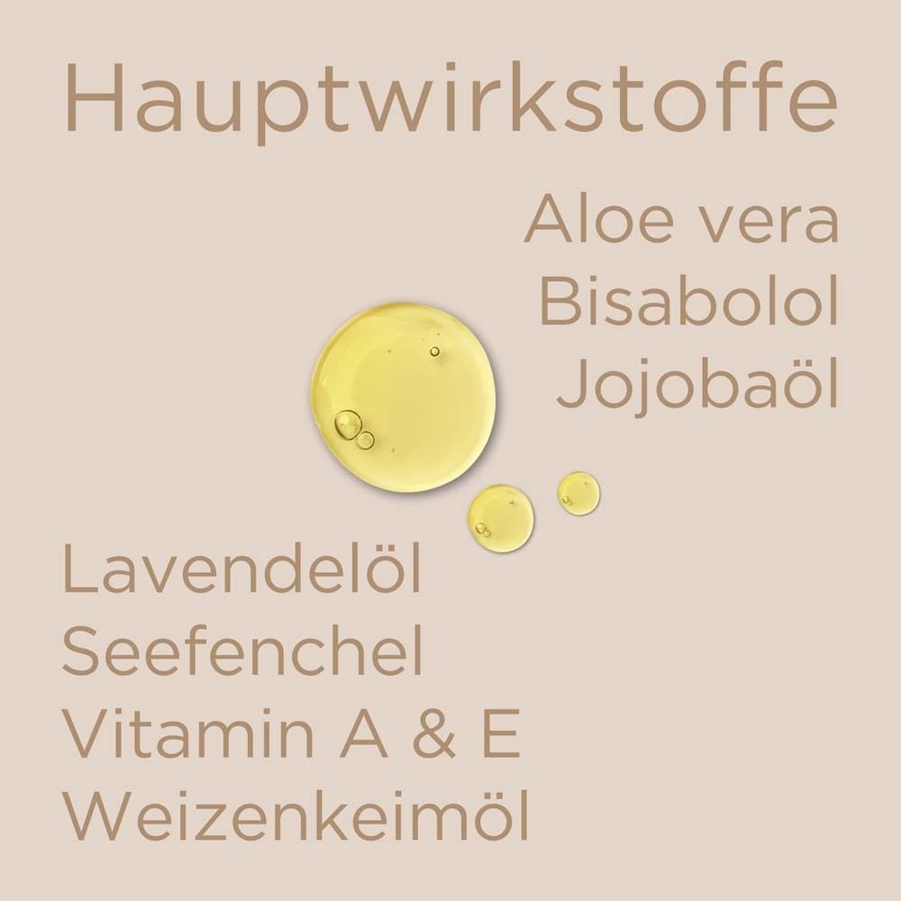Ingrédients principaux : Aloe vera, Bisabolol, Huile de jojoba, Huile de lavande, Fenouil de mer, Vitamine A & E, Huile de germe de blé. Gouttes d'huile.