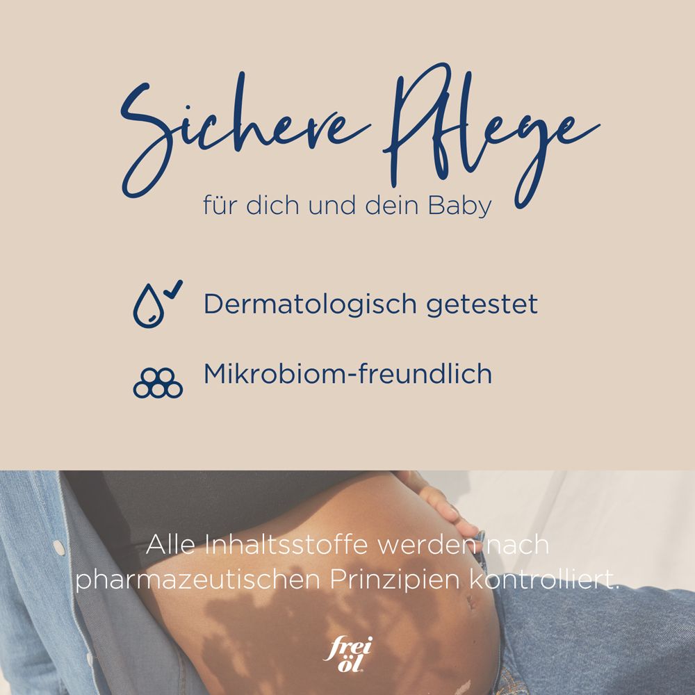 Texte sur fond beige. Texte : Sichere Pflege für dich und dein Baby. Testé dermatologiquement.