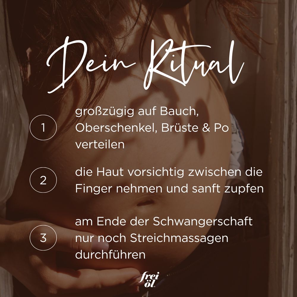 Texte sur fond beige. 3 étapes d'utilisation. Ventre d'une femme enceinte. Logo frei öl®.