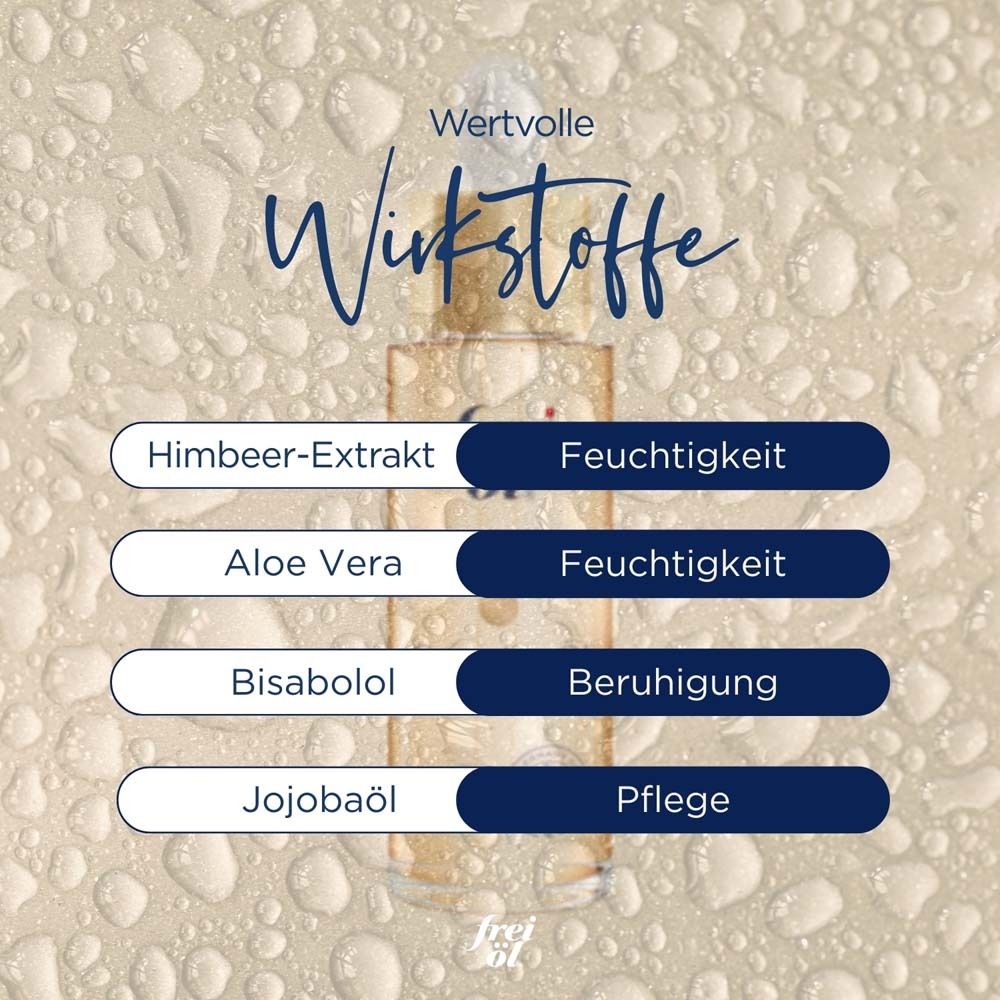 Ingrédients. Texte : Extrait de framboise, Aloe Vera, Bisabolol, Huile de jojoba. frei öl®.