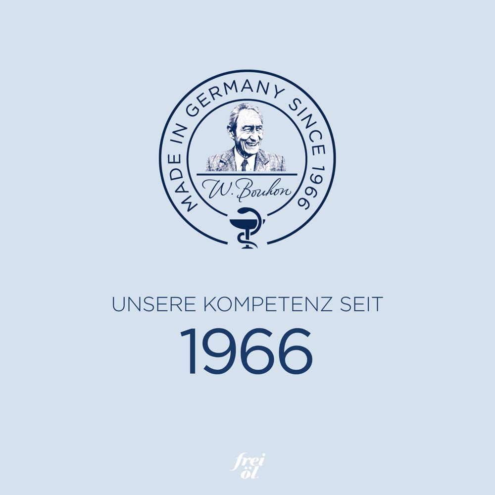 Blaues Logo mit Text: Made in Germany since 1966. Unsere Kompetenz seit 1966. Logo: W. Bouhon.