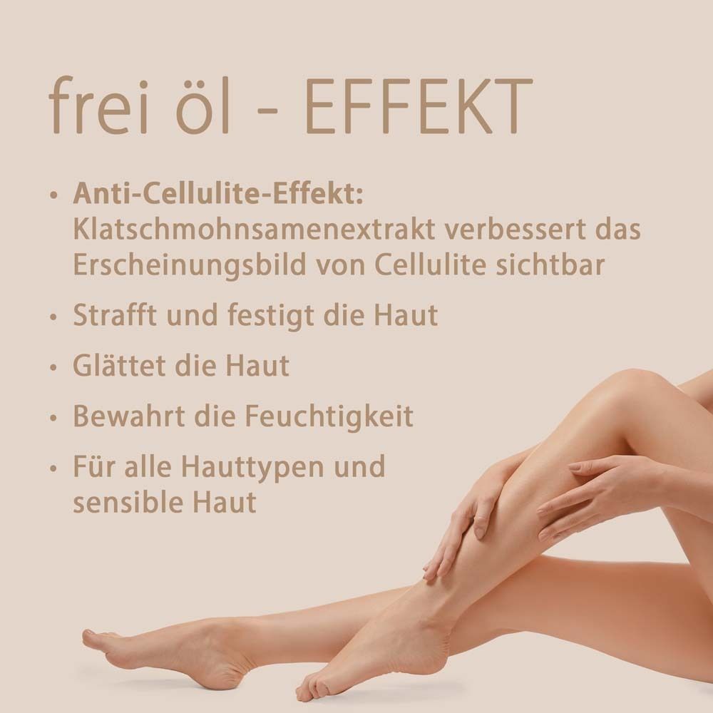 Texte sur l'effet de frei öl. Effet anti-cellulite, raffermit, lisse, préserve l'hydratation.