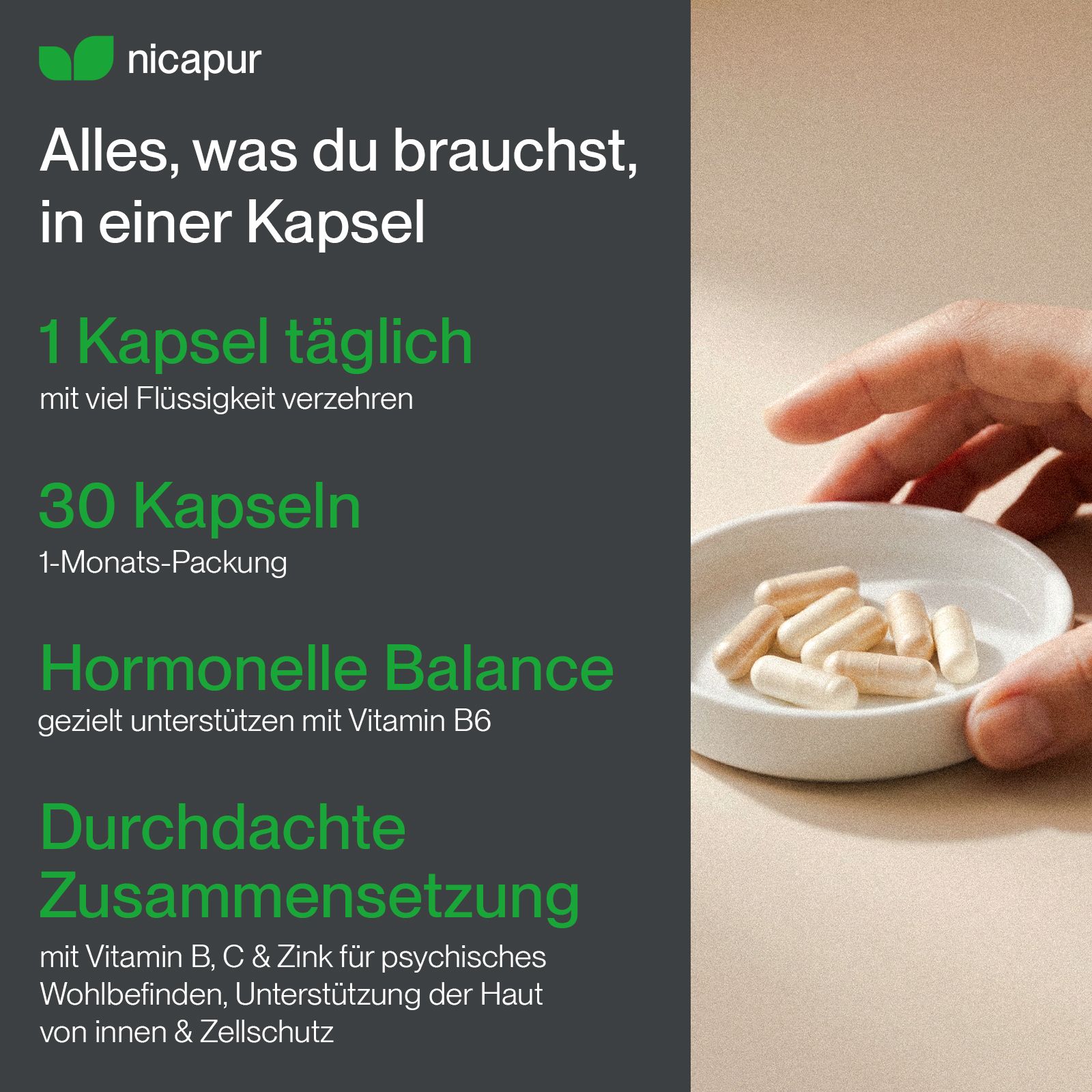 Hand hält eine Schale mit Kapseln. NicaLact cura 90, 1-Monats-Packung mit 30 Kapseln. Unterstützt hormonelle Balance mit Vitamin B6.