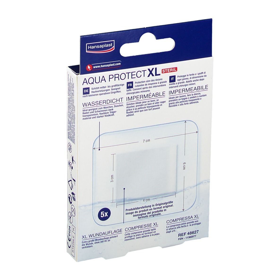 Rückseite der Verpackung Hansaplast Aqua Protect XL. Größe 6x7 cm. 5 Stück. Abmessungen der Wundauflage.