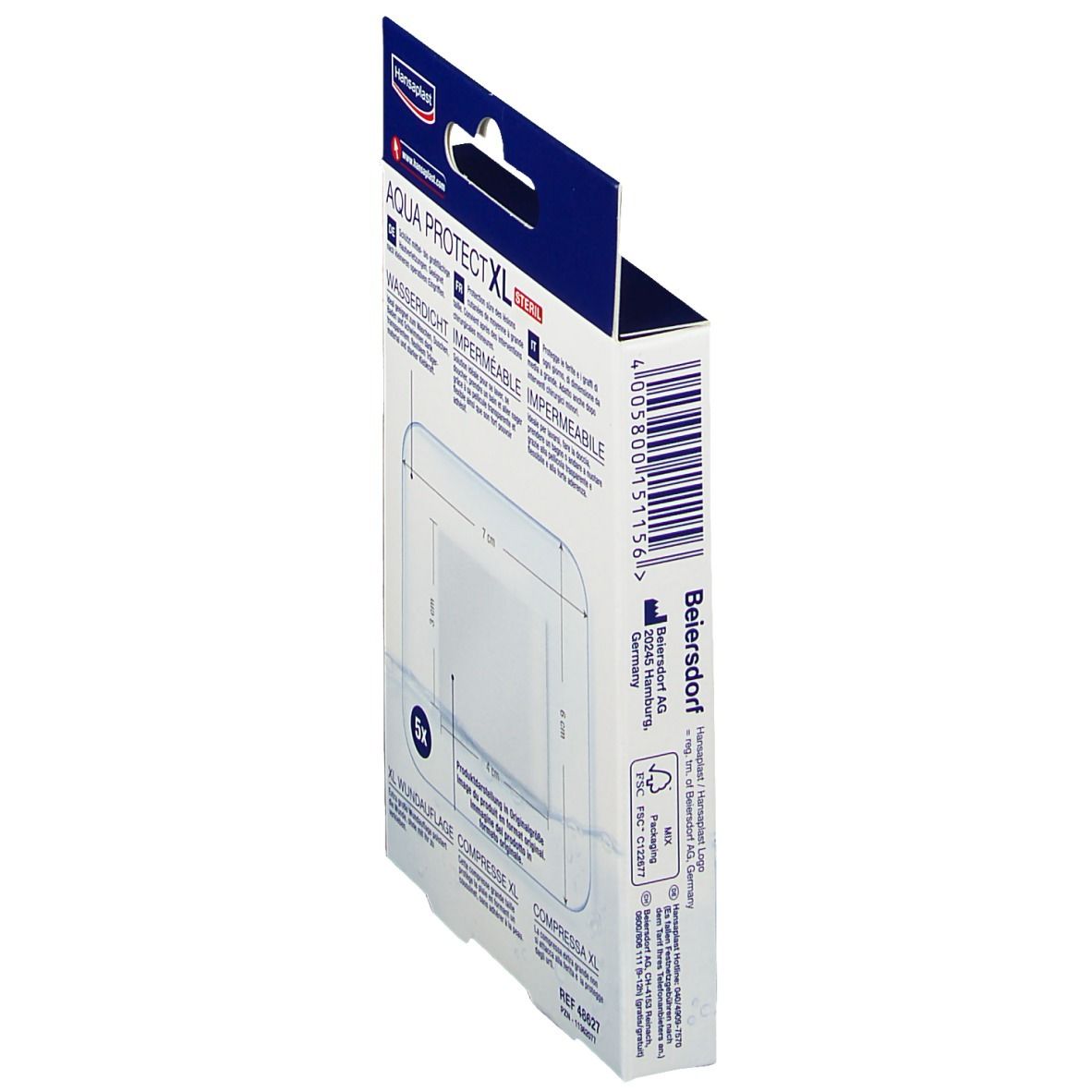 Rückseite der Verpackung Hansaplast Aqua Protect XL. Größe 6x7 cm. Herstellerinformationen. FSC-Logo.