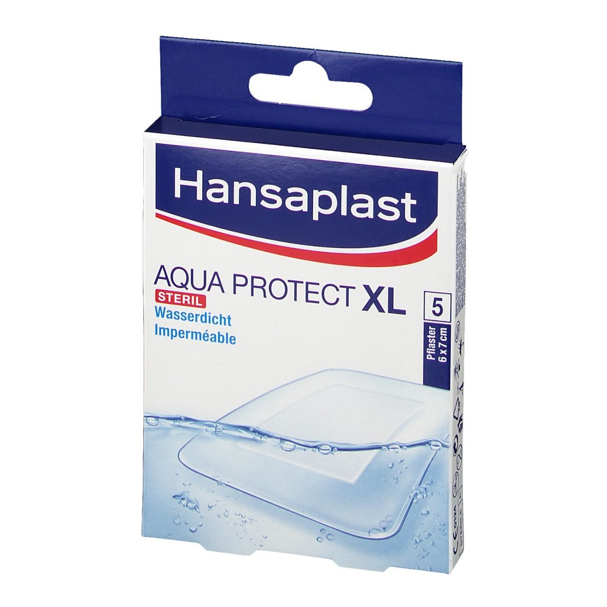Verpackung Hansaplast Aqua Protect XL. Steril, wasserdicht. Größe 6x7 cm. 5 Pflaster.