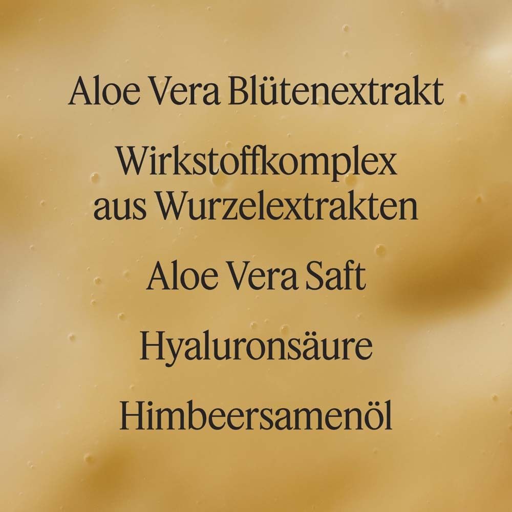 Text: Aloe Vera Blütenextrakt, Wirkstoffkomplex, Aloe Vera Saft, Hyaluronsäure, Himbeersamenöl.