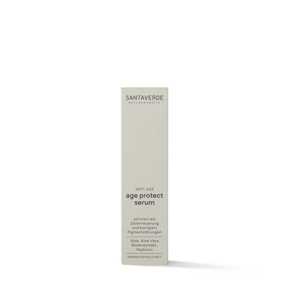 Weißes Serum SANTAVERDE age protect. Text: age protect serum. In Karton verpackt.