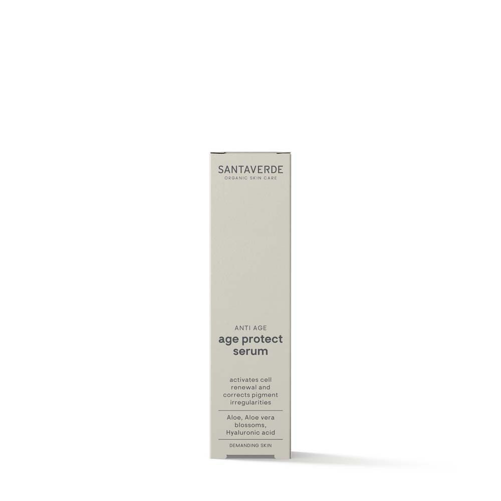 Weißes Serum SANTAVERDE age protect. Text: age protect serum. In Karton verpackt.