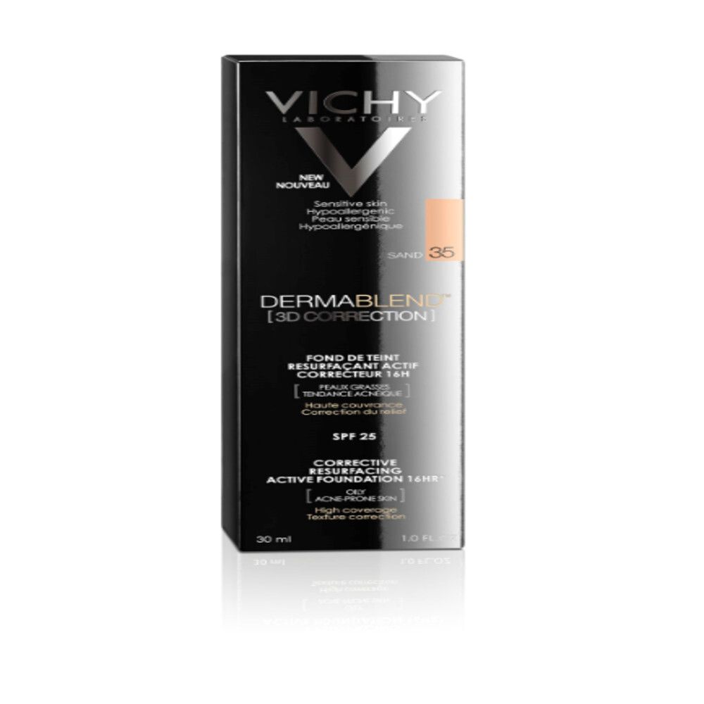 Boîte noire avec logo VICHY et texte. Teinte 35 Sand. Nom du produit : Dermablend 3D Correction. 30 ml.