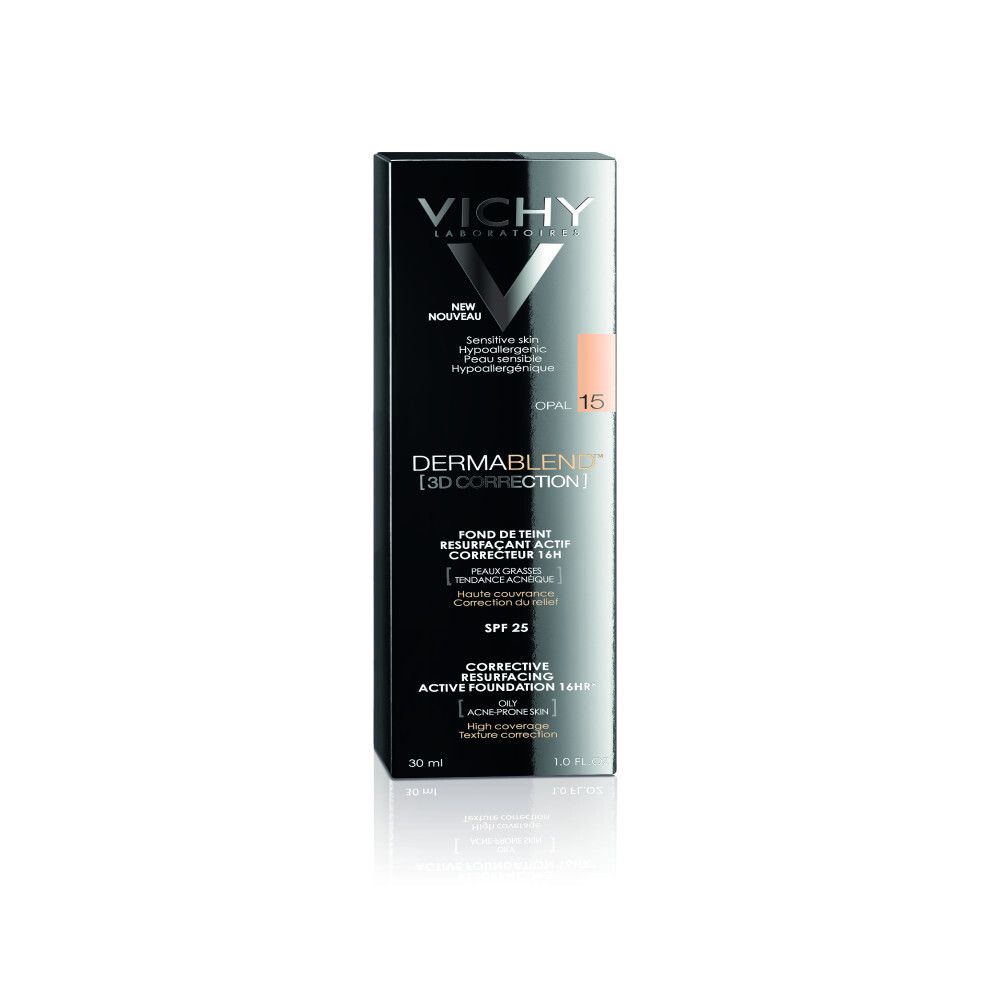 Vichy Dermablend 3D Correction, Verpackung. Schwarzer Karton mit Produktabbildung und Farbton 15 Opal.
