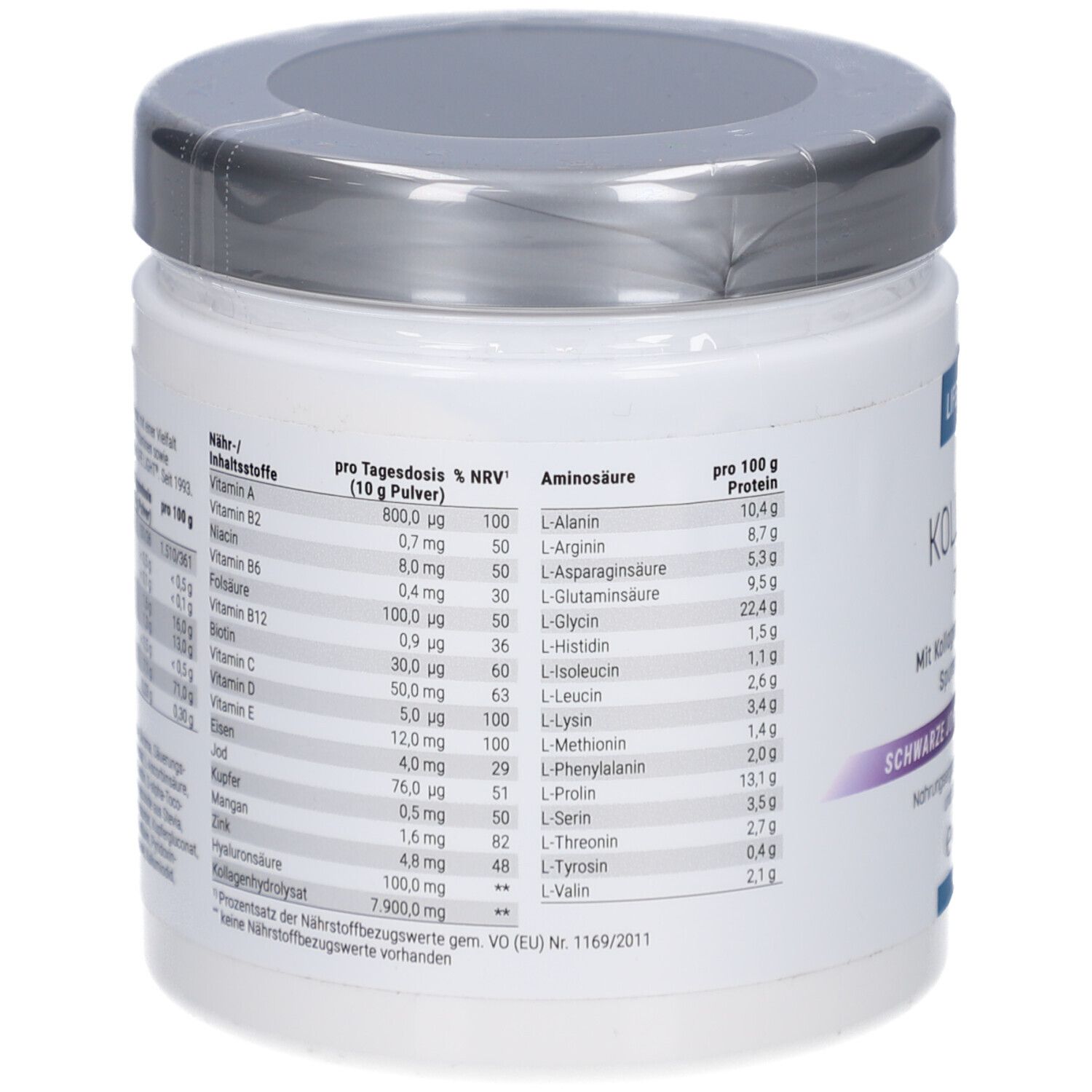 Dos du pot. Contient des informations nutritionnelles et un tableau des acides aminés. Texte en allemand.