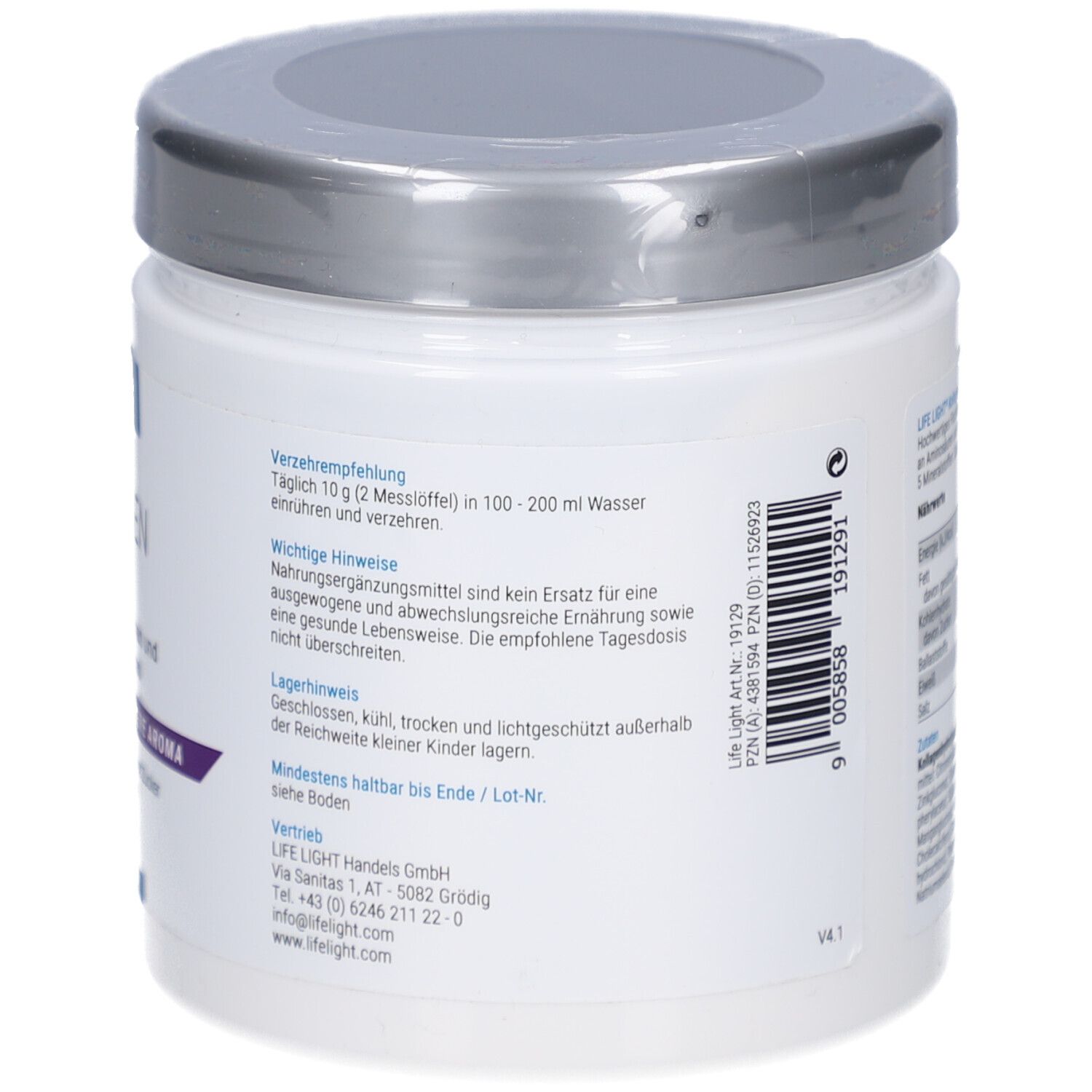 Dos du pot. Contient des recommandations de consommation, des informations importantes et des coordonnées. Texte en allemand.