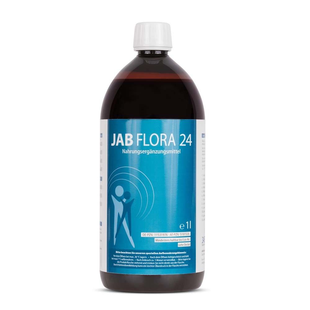 Braune Flüssigkeit in einer Flasche. Aufschrift: JAB FLORA 24 Nahrungsergänzungsmittel. 1l.
