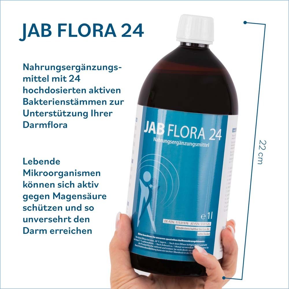 Person hält Flasche JAB FLORA 24. Text: Nahrungsergänzungsmittel mit 24 Bakterienstämmen. 22 cm hoch.