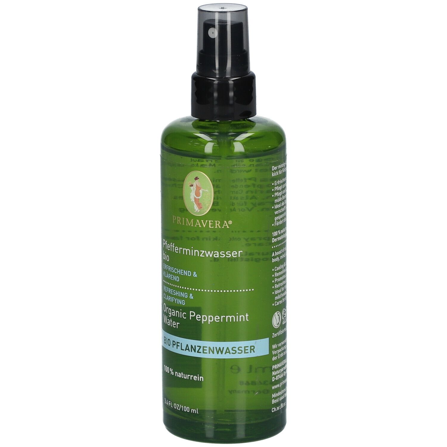 Grüne Sprühflasche mit schwarzem Sprühkopf. Beschriftung: Primavera, Pfefferminzwasser bio, Organic Peppermint Water. Bio-Siegel.