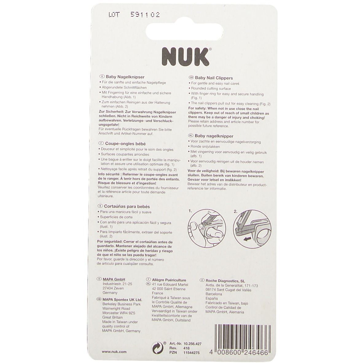 Baby-Nagelknipser von NUK in Blisterverpackung.