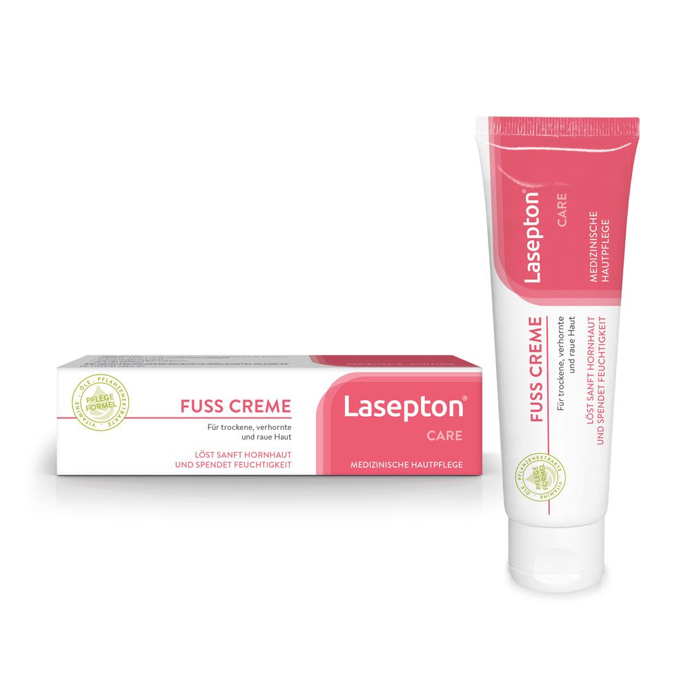 Lasepton CARE Crème pour les pieds, tube et boîte. Design rose et blanc. Texte : Crème pour les pieds, soins médicaux.