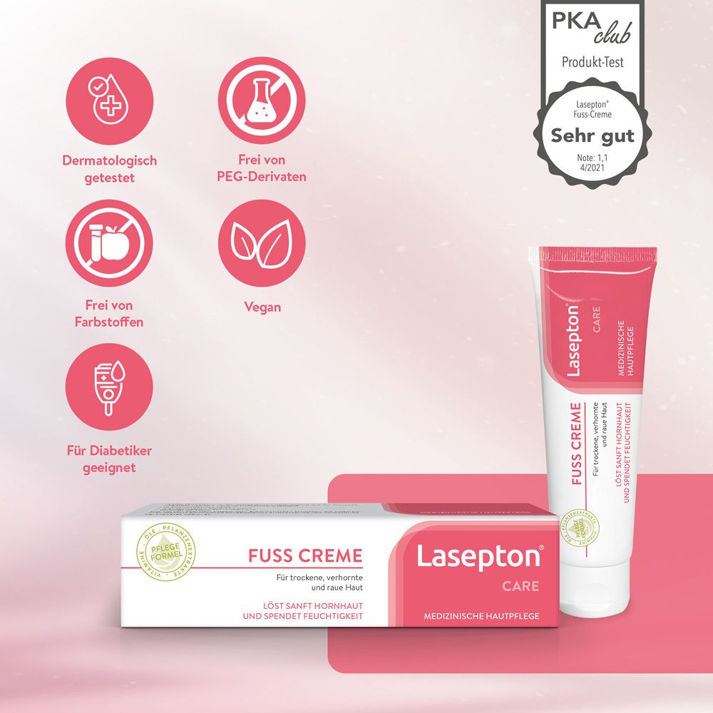 Lasepton CARE Crème pieds, tube et boîte. Logos : testé dermatologiquement, végétalien, etc. Sceau PKA Club.