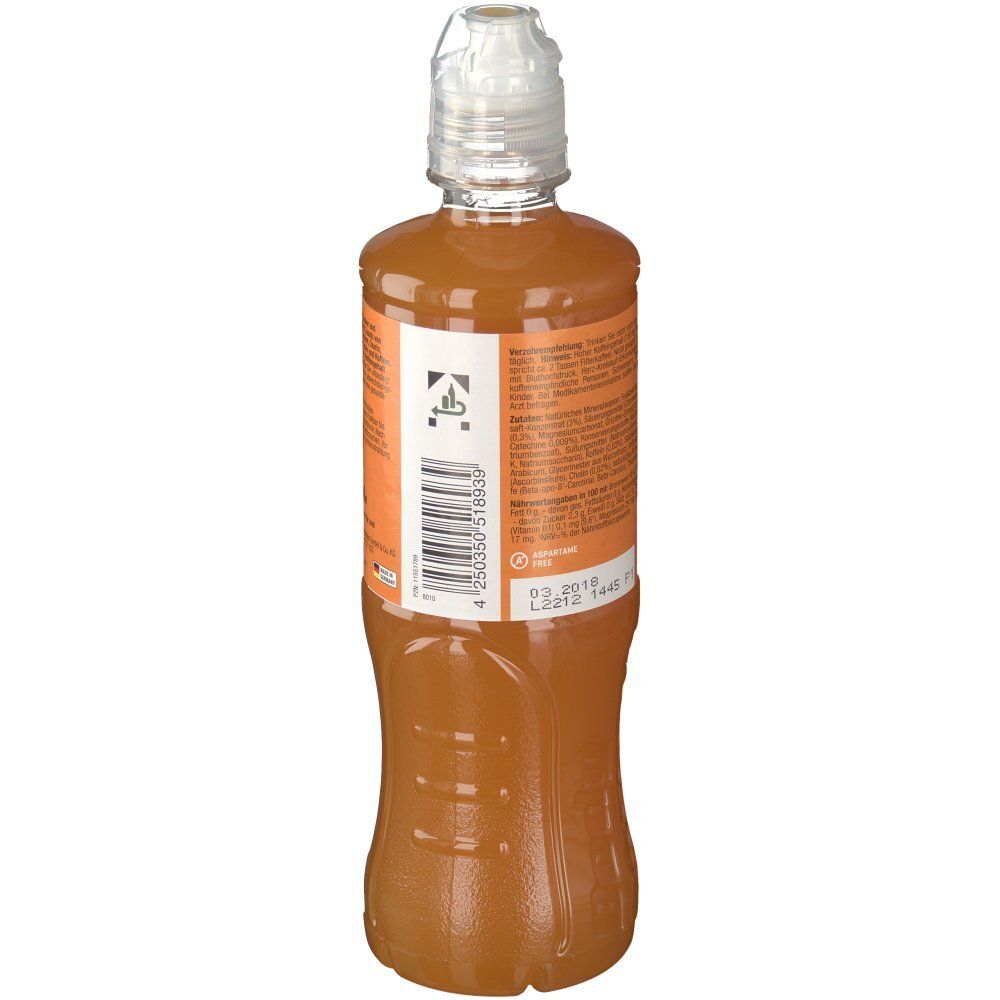 Rückansicht der Flasche Body Attack Energy Kick Exotic. Etikett mit Informationen und Barcode.