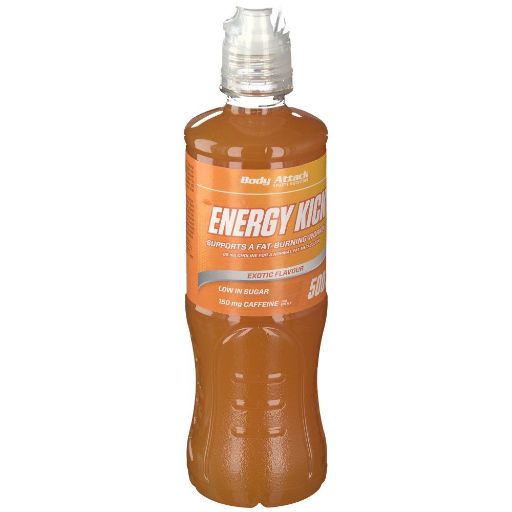 Vorderansicht der Flasche Body Attack Energy Kick Exotic. Orange Flüssigkeit, weißer Deckel. Etikett.
