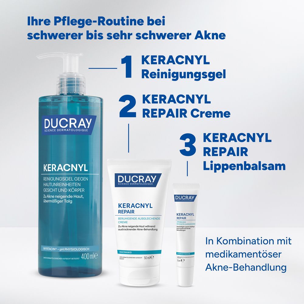 Drei Produkte. Text: Keracnyl Reinigungsgel, Keracnyl Creme, Keracnyl Repair Lippenbalsam.