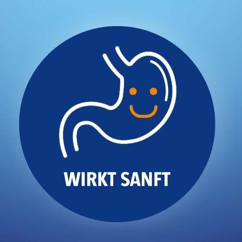 Blauer Kreis mit weißem Magen-Symbol mit Smiley. Text: Wirkt sanft.