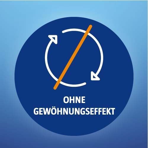 Blauer Kreis mit weißem Symbol: Pfeil mit Strich. Text: Ohne Gewöhnungseffekt.