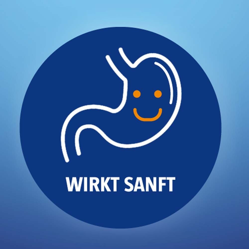 Cercle bleu avec symbole d'estomac blanc et visage souriant. Texte: Agit en douceur.