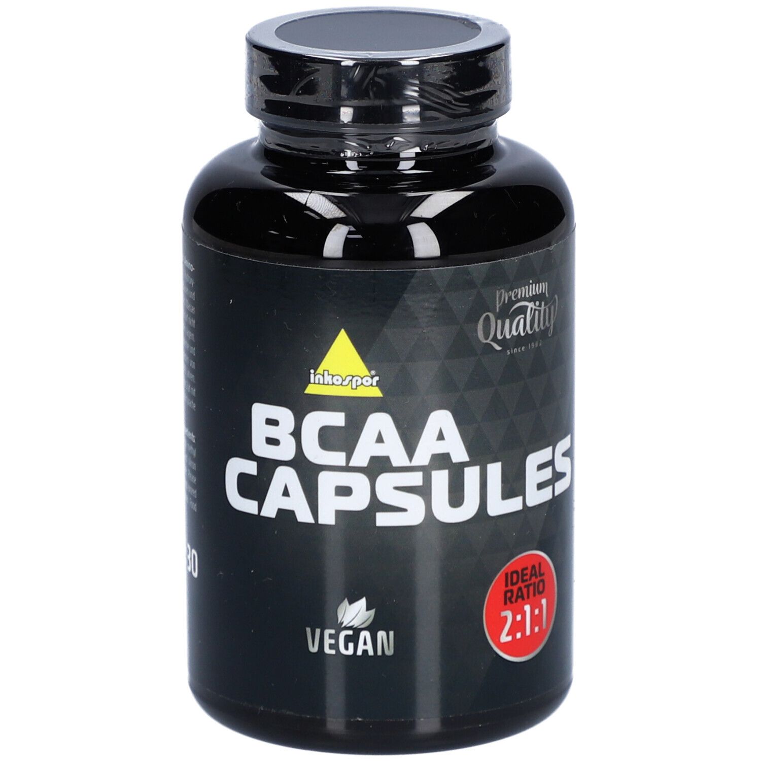 Schwarze Flasche mit BCAA CAPSULES-Aufschrift. Vegan-Logo und 2:1-Verhältnis-Angabe. Premium Quality-Siegel.