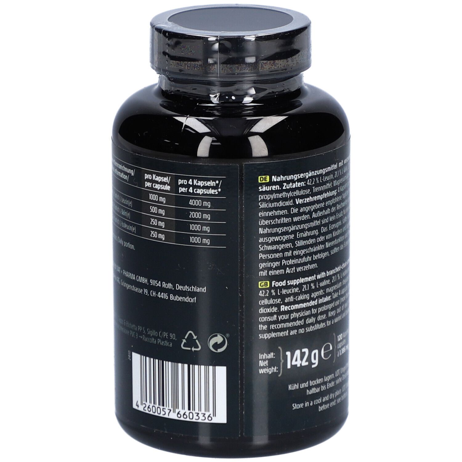Rückseite der schwarzen Flasche mit Nährwertangaben. Enthält Informationen zu BCAA-Gehalt pro Kapsel und Portion.