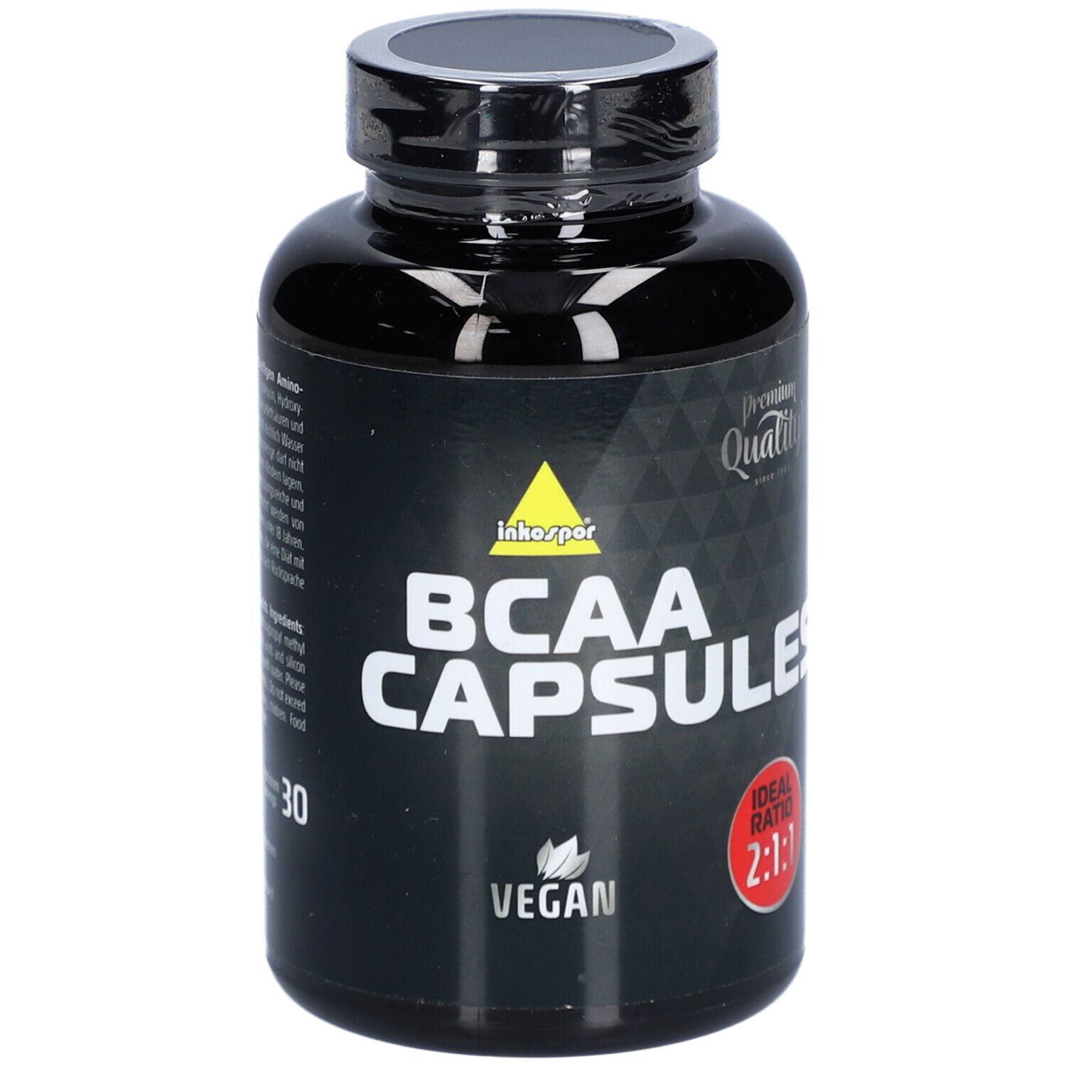 Schwarze Flasche mit BCAA CAPSULES-Aufschrift. Vegan-Logo und 2:1-Verhältnis-Angabe. 30 Kapseln.