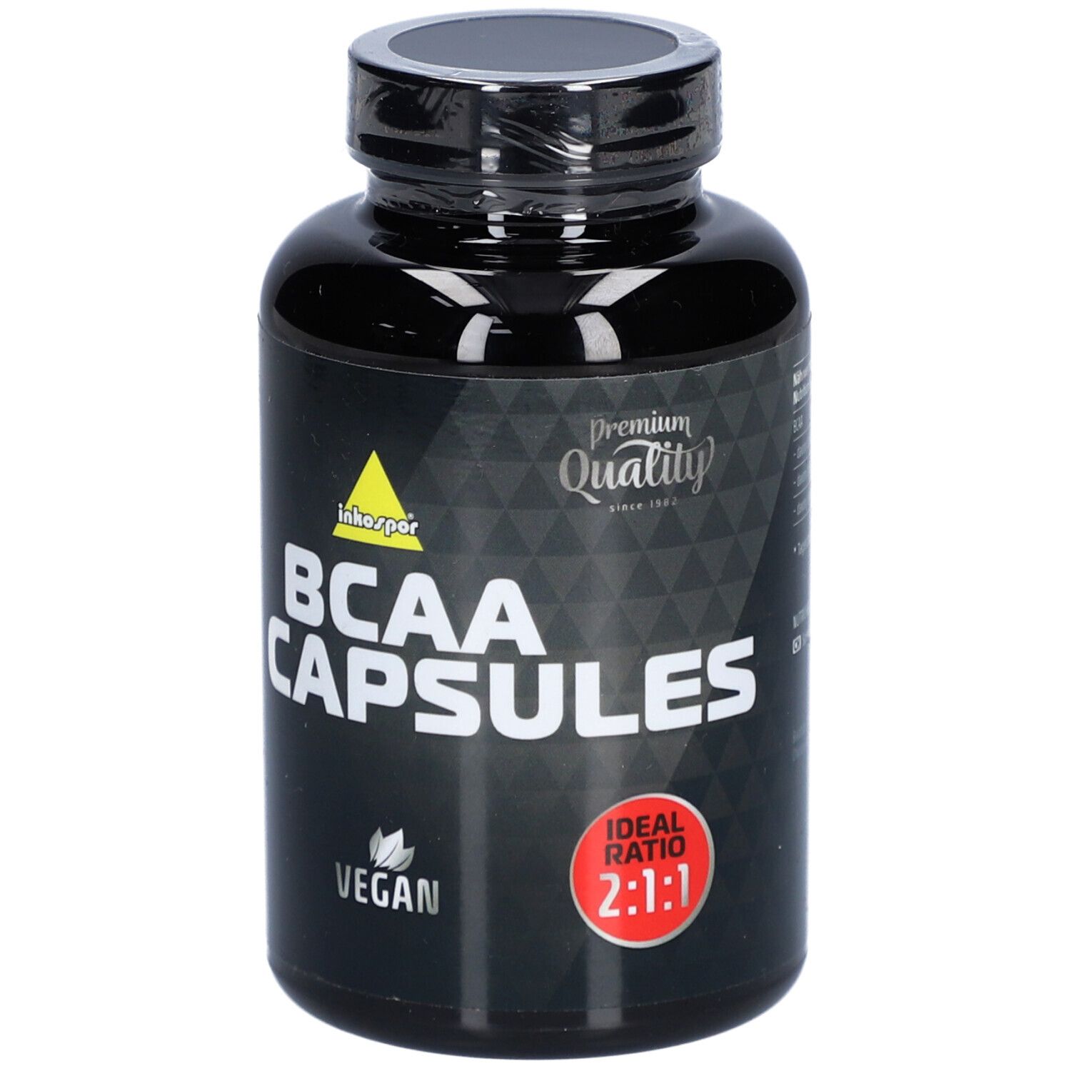 Schwarze Flasche mit BCAA CAPSULES-Aufschrift. Vegan-Logo und 2:1-Verhältnis-Angabe. Premium Quality-Siegel.