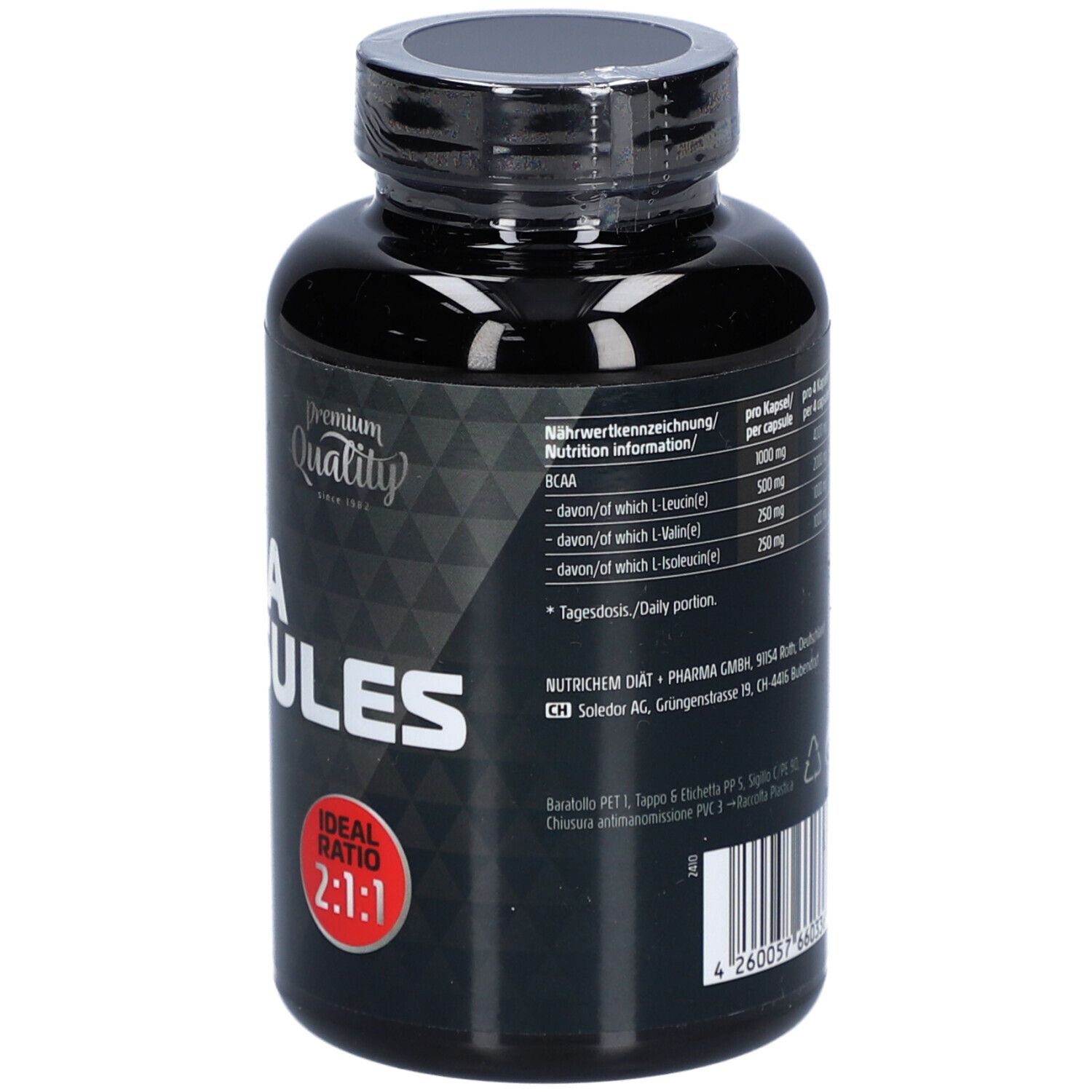 Rückseite der schwarzen Flasche mit Nährwertangaben. Enthält Informationen zu BCAA-Gehalt pro Kapsel und Portion.