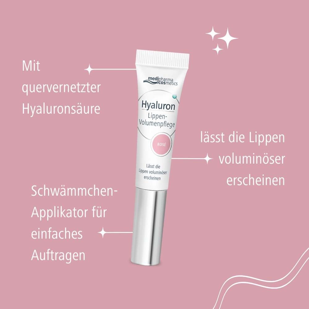 Tube de soin des lèvres avec applicateur. Marque : medipharma cosmetics. Nom du produit : Hyaluron Lippen-Volumenpflege rosé. Avec acide hyaluronique réticulé.