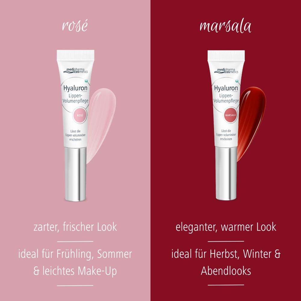 Deux tubes de soin des lèvres : rosé et marsala. Texte : look frais et délicat, idéal pour le printemps, l'été et un maquillage léger. Look élégant et chaleureux, idéal pour l'automne, l'hiver et les looks de soirée.